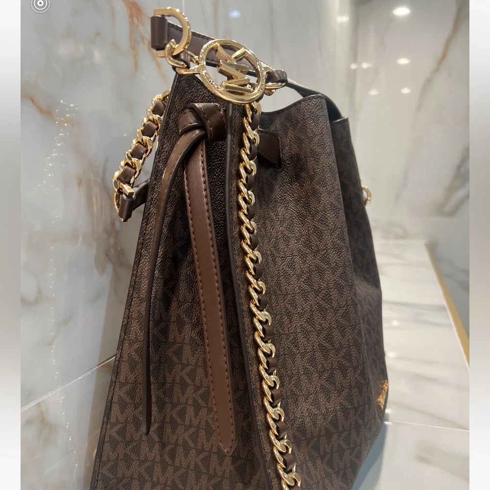 Michael Kors Brown Monogram Drawstring Shoulder Bag with Gold Chain